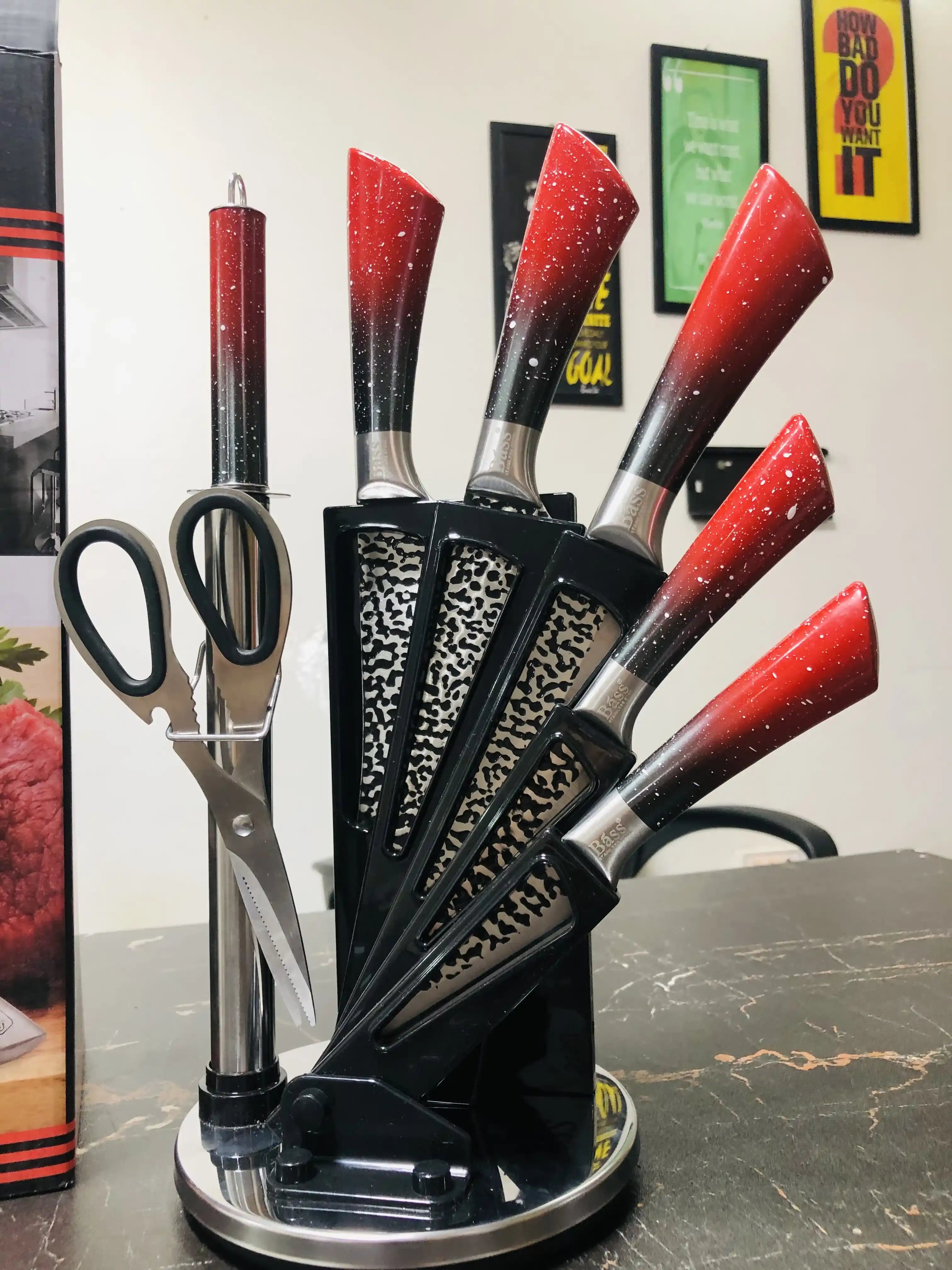 Bass Kitchen Knife Set 8 Pieces with Rotating and Folding Stand